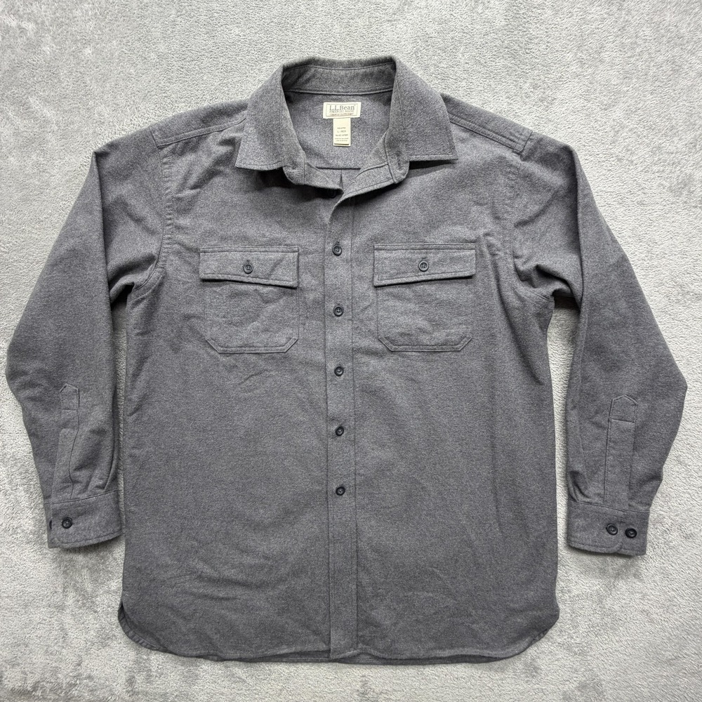 L.L.‎ Bean Shirt Mens L Gray Solid Flannel Button Up Long Sleeve Chamois Casual